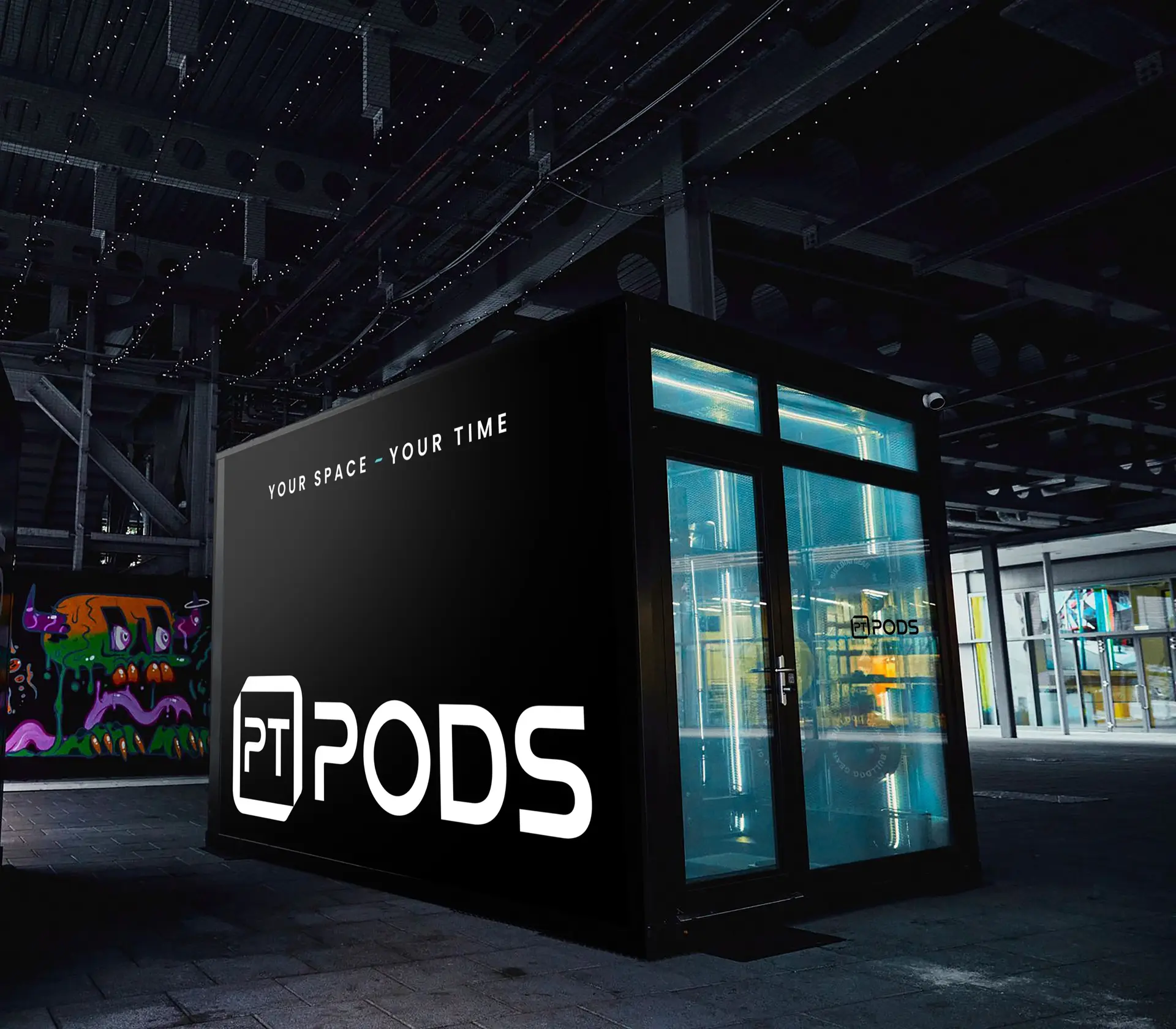 PT Pod exterior in an urban warehouse setting
